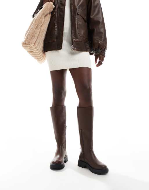 London Rebel – Edith – Kniehohe Stiefel in Braun mit dicker Sohle