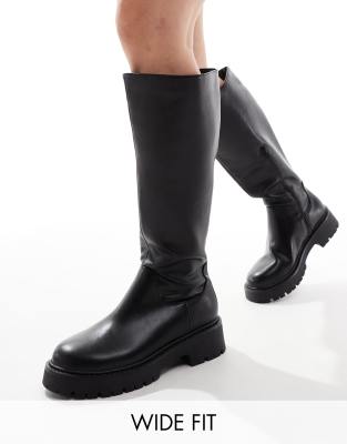 London Rebel Edith wide fit chunky knee high boots in black