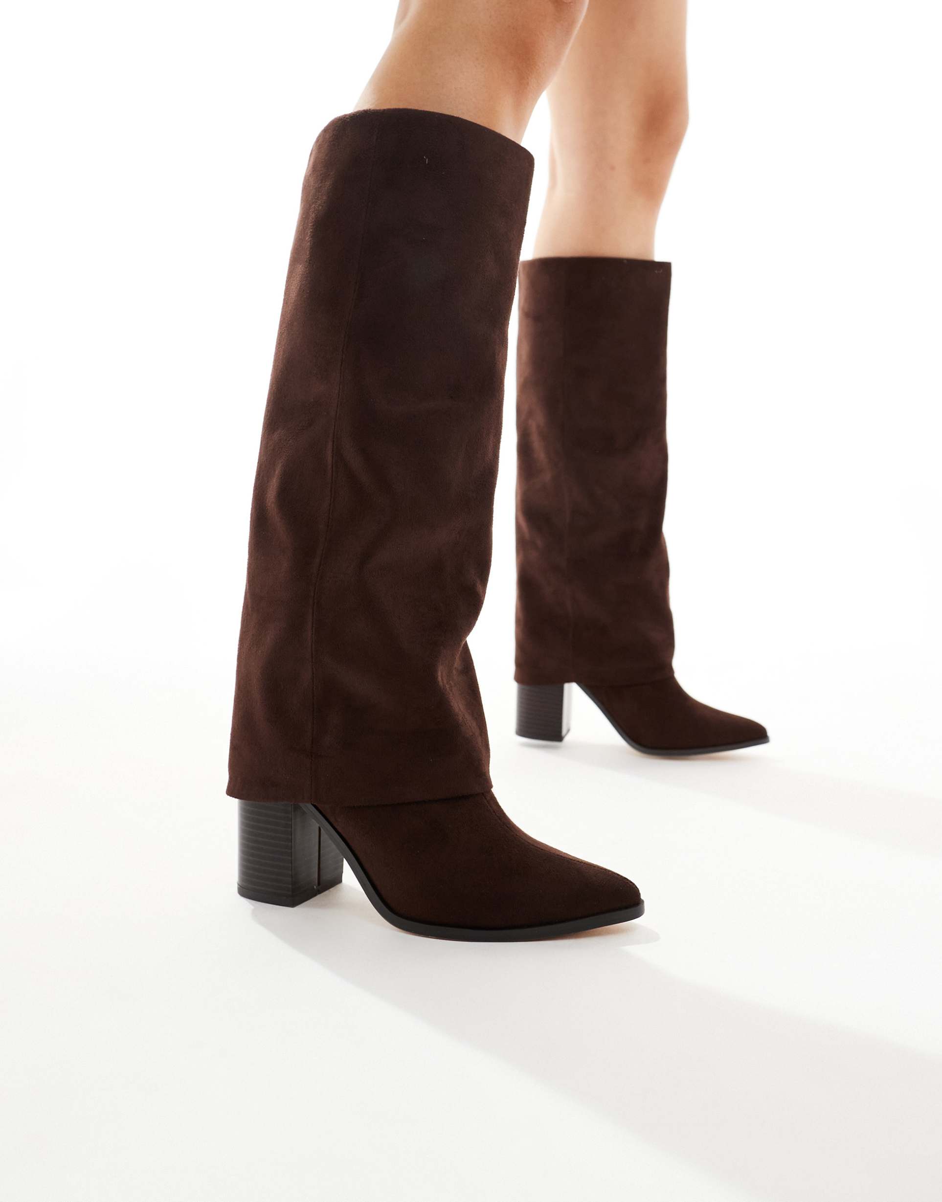 london rebel elena fold over knee boots in chocolate