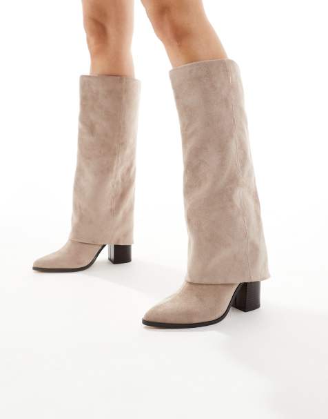 London Rebel Elena fold over knee boots in taupe - view 1