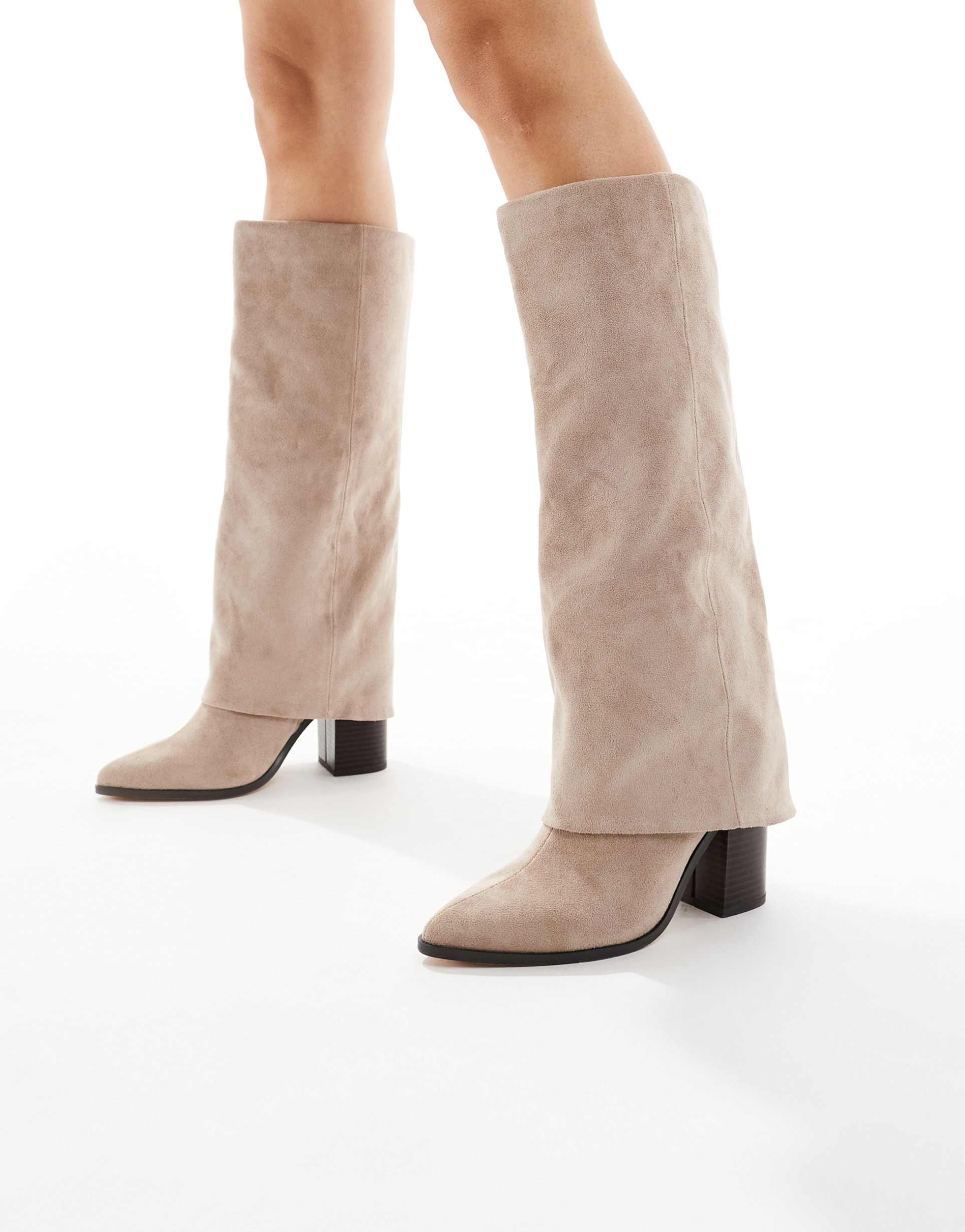 london rebel elena fold over knee boots in taupe