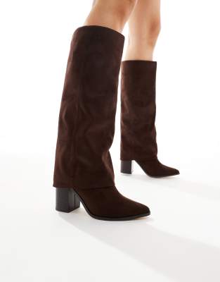 London Rebel - Elena - Kniehohe Stiefel in Schokobraun mit Umschlag-Brown