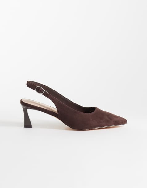 London Rebel Eliza faux suede sling back kitten heels in brown - view 1
