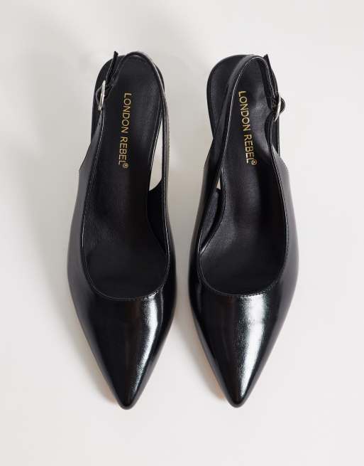 London Rebel Eliza sling back kitten heels in black, 2 of 4