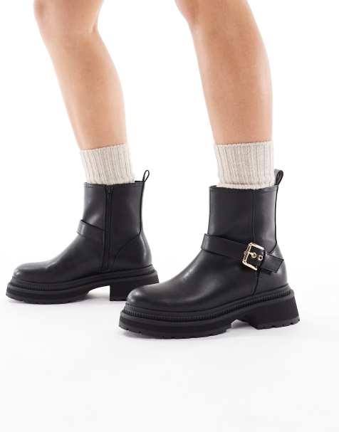 London Rebel Emma chunky boots with buckle detail in black - view 1