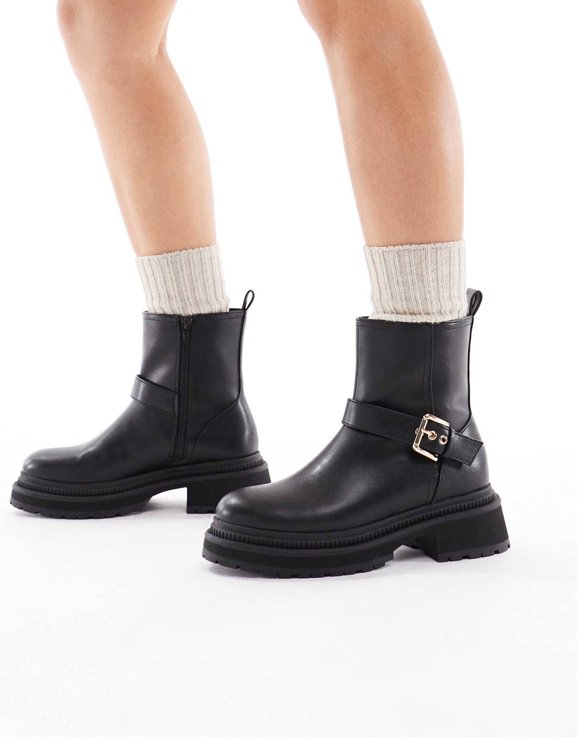 london rebel emma chunky boots with buckle detail in black