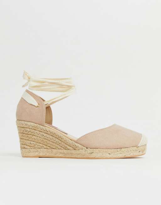 London Rebel espadrille wedges with ankle tie in beige