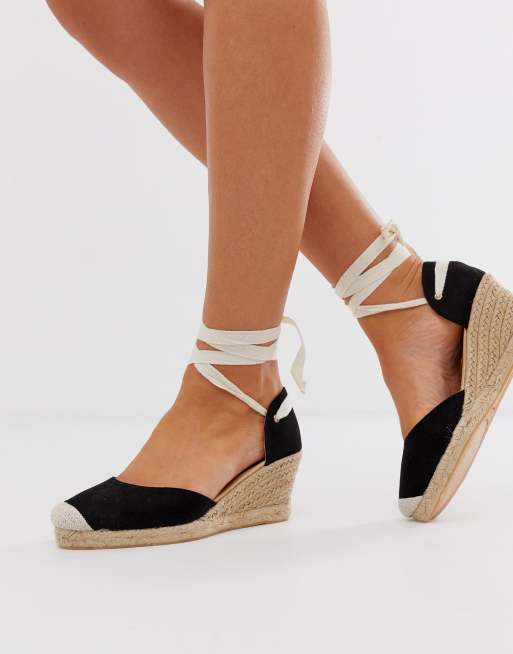 London Rebel espadrille wedges with ankle tie in black | ASOS