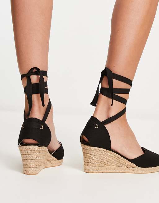 London Rebel Espadrilles talon compens avec liens nouer sur la jambe Noir