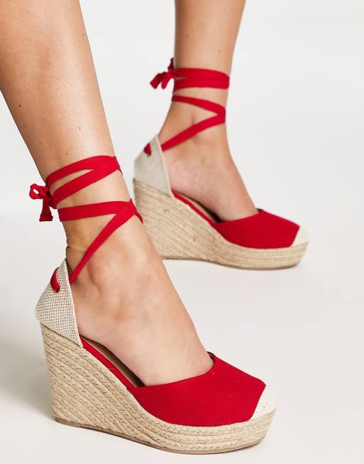 London Rebel Espadrilles talon compens et liens sur la jambe Rouge