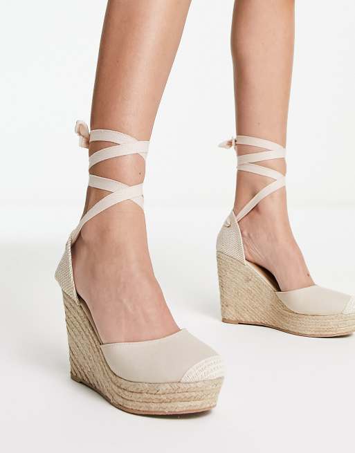 London Rebel - Espadrilles met sleehak en strikbanden in beige