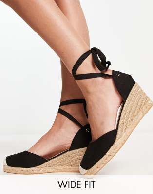 London Rebel - Espadrilles mit Keilabsatz und Schnürung in Schwarz, weite Passform-Black