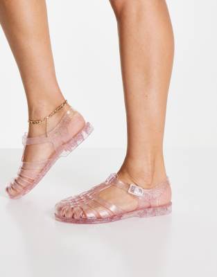 London Rebel Flat Jelly Shoes In Clear-pink