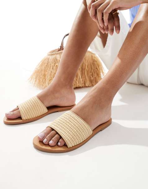 London Rebel flat sandal with strap in natural raffia - view 1