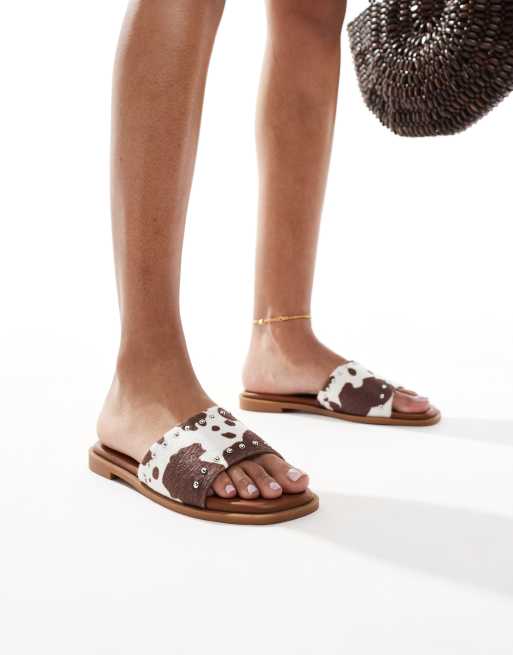 London Rebel flat sandals with studded straps in cow print, 2 of 4