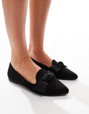 London Rebel Florence Pointed Bow Loafers In Black