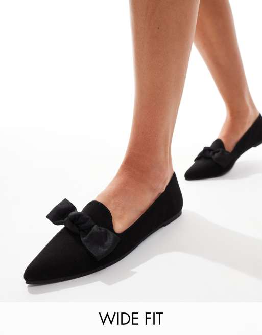 London Rebel Florence wide fit pointed bow loafers in black 