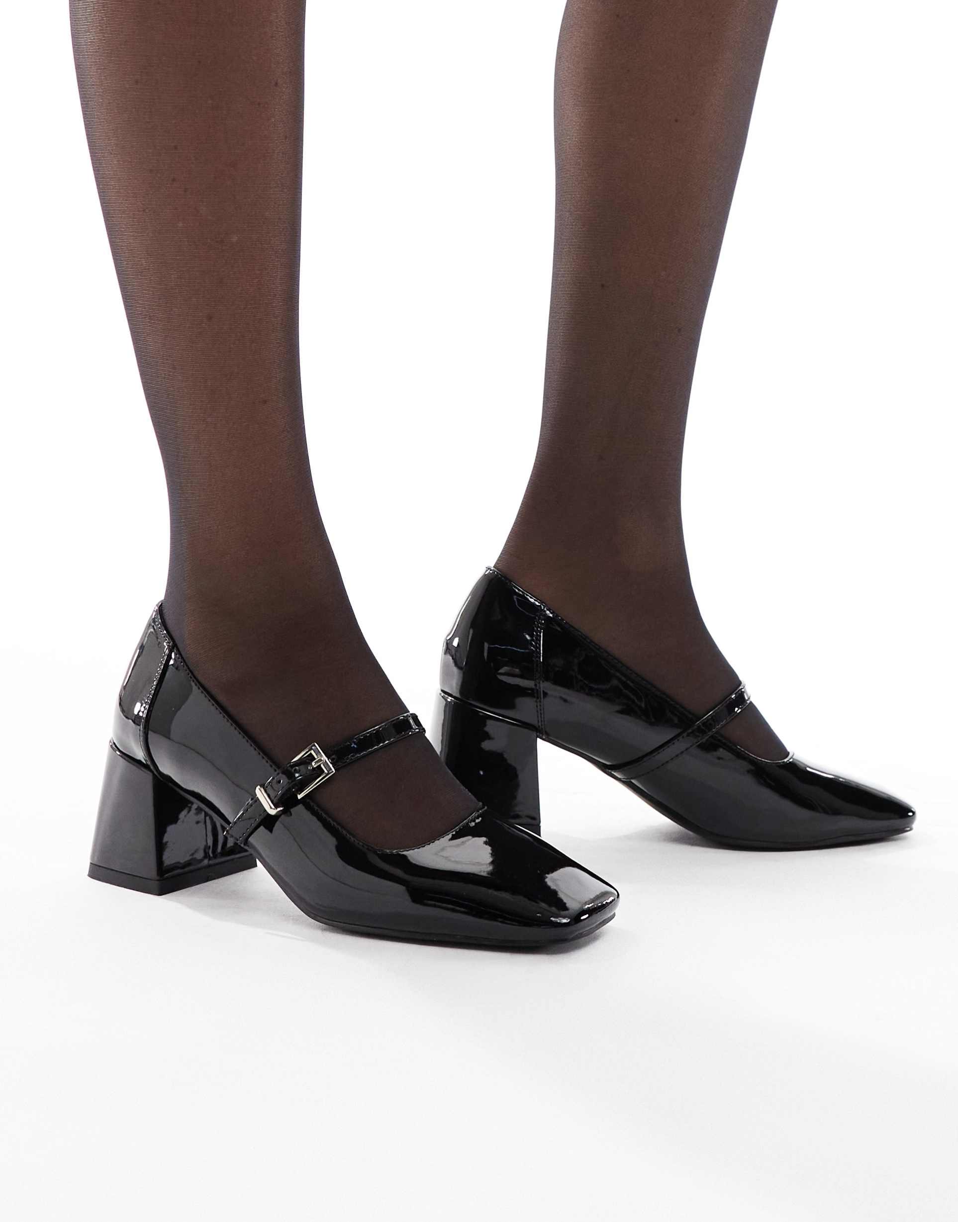 london rebel hazel mid block heeled shoes in patent black