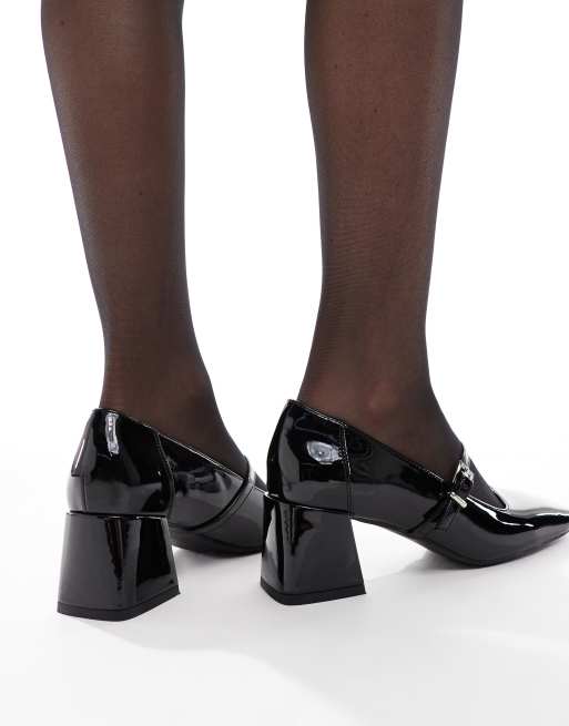 London Rebel Hazel mid block heeled shoes in patent black