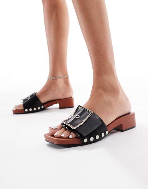 London Rebel heeled sandal with buckle detail in black faux leather - view 1