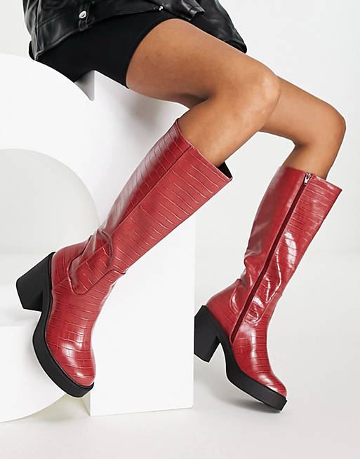 London Rebel heeled sock knee boots in red | ASOS