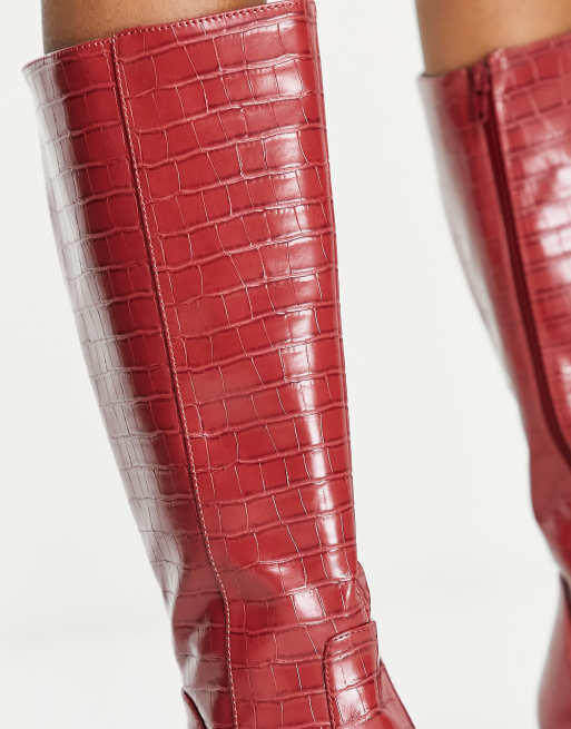 London Rebel heeled sock knee boots in red, 3 of 4