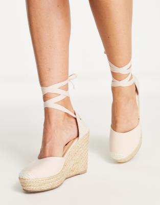 LONDON REBEL HIGH TIE LEG ESPADRILLE WEDGES IN BEIGE-NEUTRAL