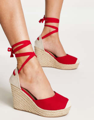 Kunstig Modsigelse Egen London Rebel high tie leg espadrille wedges in red | ASOS