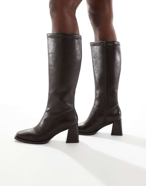 London Rebel Isla block heeled knee boots in chocolate - view 1