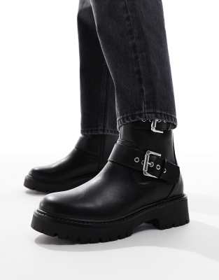 London Rebel - Keely - Ankle-Stiefel in Schwarz mit weitem Schaft und Schnalle