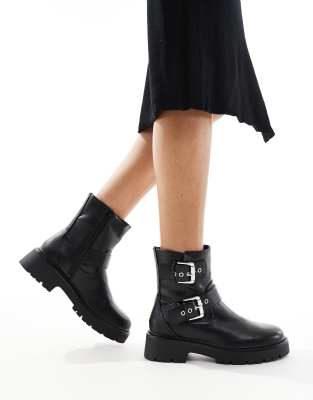 London Rebel - Keely - Biker-Stiefeletten in Schwarz mit Schnallen