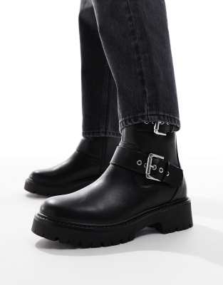 London Rebel - Keely - Bottines larges style motard avec boucles - Noir