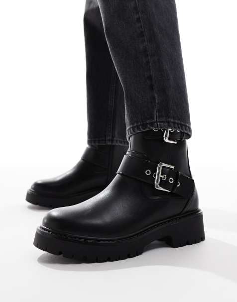 London Rebel Keely wide fit buckle biker ankle boots in black - view 1