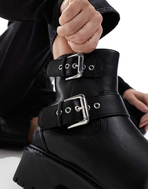 London Rebel Keely wide fit buckle biker ankle boots in black