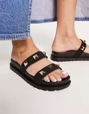 London Rebel - Klobige Jelly-Sandalen in Schwarz mit doppeltem Riemen und Nietenbesatz-Black