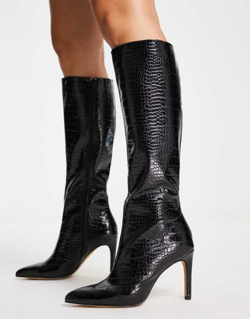 London Rebel – Kniehohe Stiefel in Kroko-Schwarz mit Stiletto-Absatz und spitzem Zehenbereich