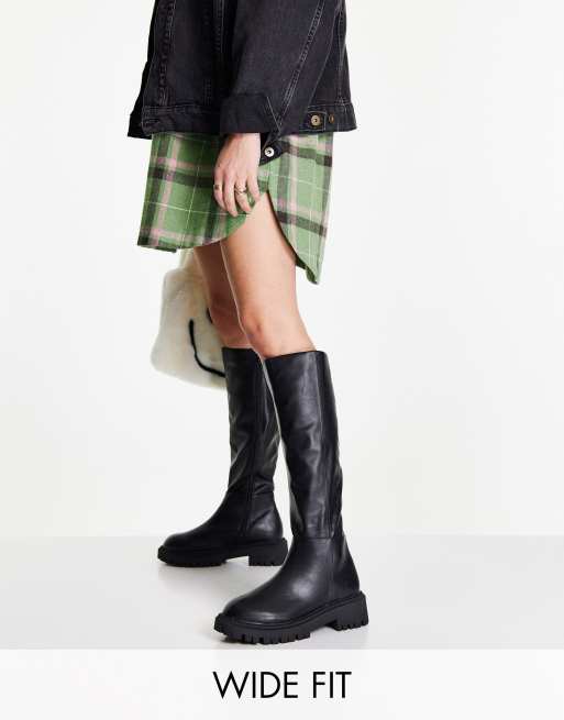 London Rebel – Kniehohe Stiefel in Schwarz mit dicker Sohle, weite Passform