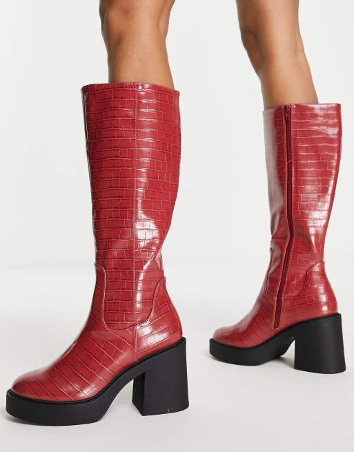 London Rebel – Kniehohe Stiefel mit engem Schaft und Absatz in Rot, 4 von 4