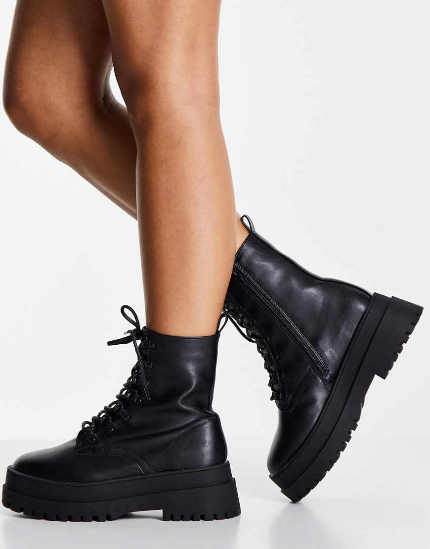 London Rebel lace up chunky boot in black