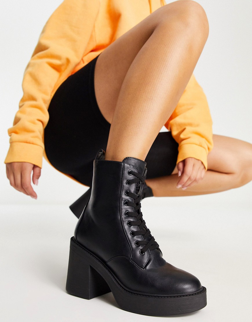 London Rebel lace up chunky platform boots in black