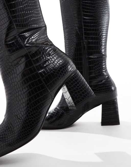 London Rebel Lara mid block heel knee boots in black croc, 4 of 4