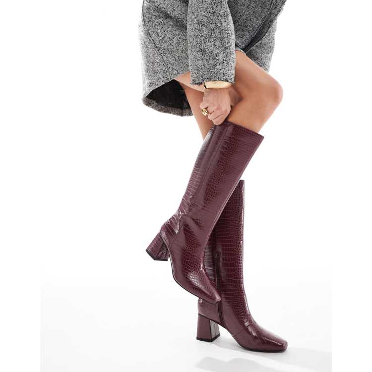 London Rebel Lara mid block heel knee boots in burgundy croc