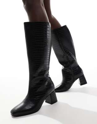 London Rebel Wide Fit London Rebel Lara wide fit mid block heel knee boots in black croc