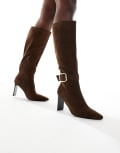 [London Rebel] London Rebel Leah kitten heel knee boots with buckle detail in chocolate-Brown 38 BROWN MICRO