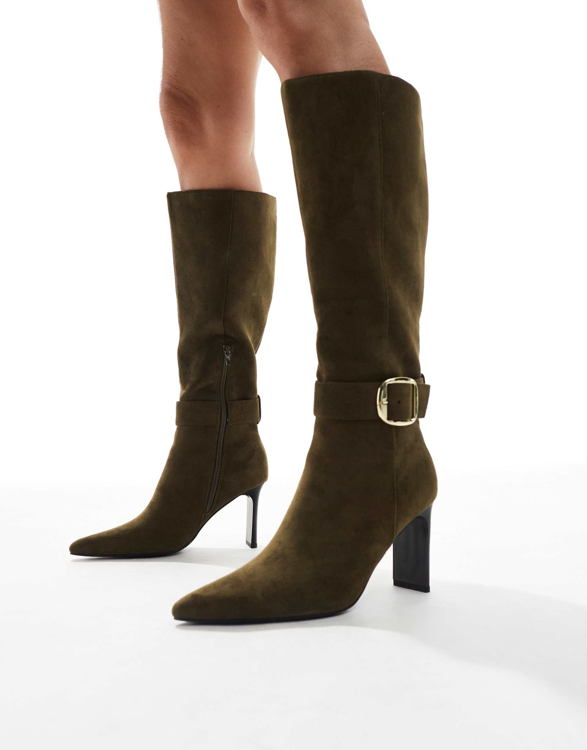 london rebel leah kitten heel knee boots with buckle details in olive
