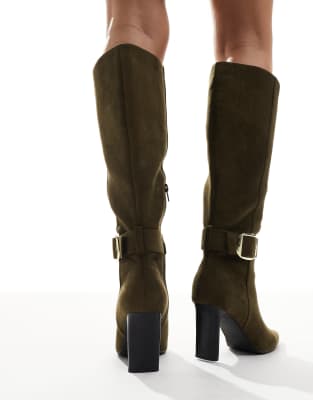 London Rebel Leah Kitten Heel Knee Boots With Buckle Details In Green