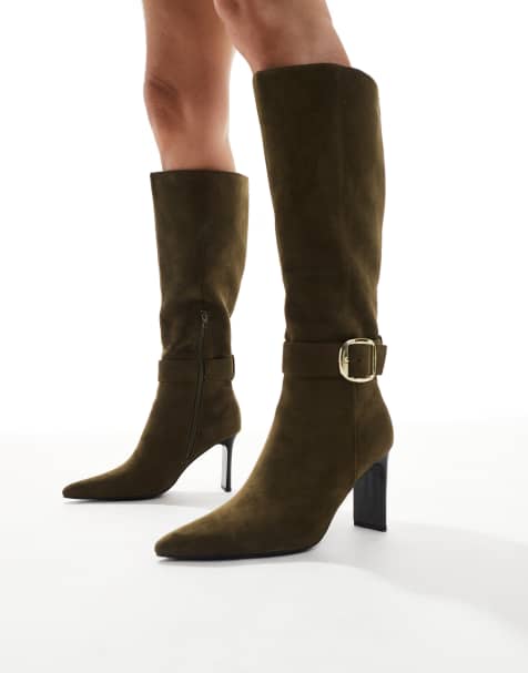 London Rebel – Leah – Olivgröna knähöga boots med taxklack och spänne - view 1