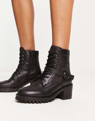 London Rebel Leather Heeled Lace Up Boot In Black