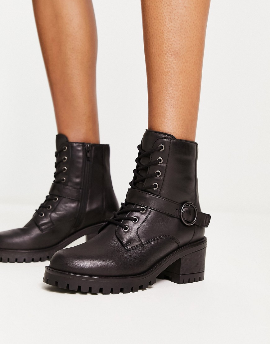 London Rebel Leather heeled lace up boot in black