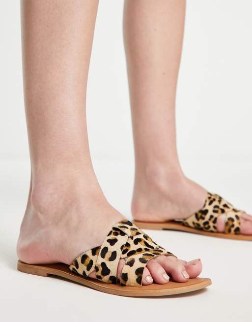 London Rebel Leather loop front slider in leopard ASOS